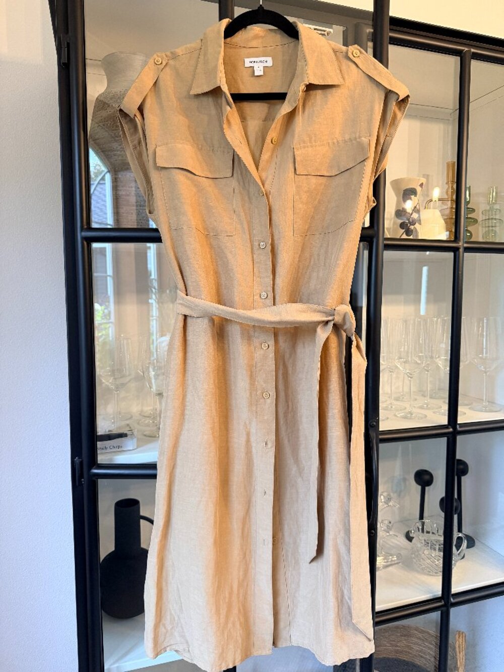 Nordstrom Tan Silky Linen Blend Midi Utility Shirt Dress Medium